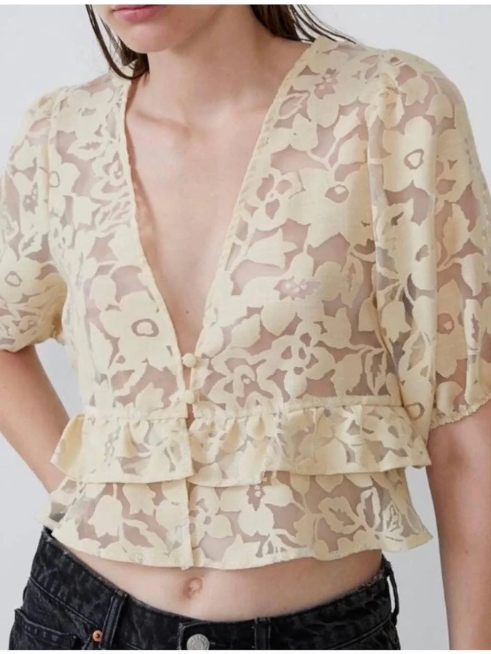 Zara Sheer Floral Ruffle Cropped Blouse - Cream